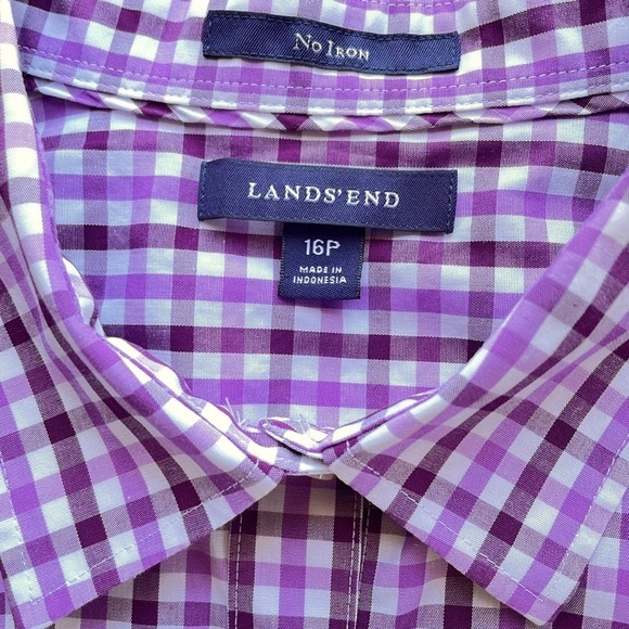 Lands' End No Iron 100% Cotton Purple & White Gingham Button Down Shirt in 16P - Picture 6 of 6